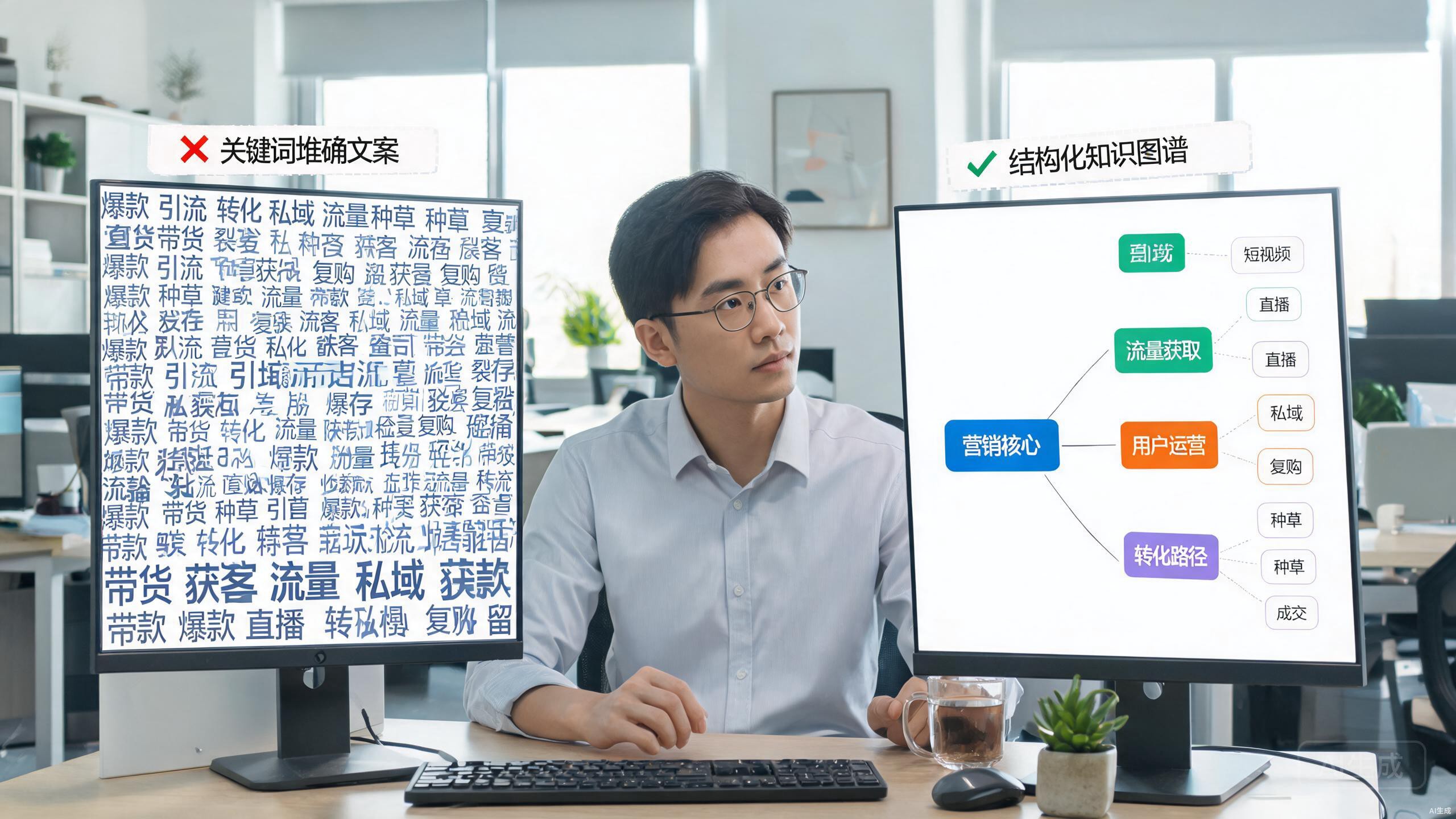 左侧传统SEO关键词堆砌内容 vs 右侧结构化知识图谱对比
